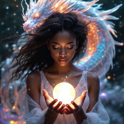 The primary subject of the image is a woman holding a glowing sphere, which appears to be a moon. She is surrounded by a serene environment, with a blue and white dragon or a similar creature in the background. The visual style of the image is a combination of photo and digital art, creating a unique and captivating scene. The colors and mood of the image are predominantly blue and white, giving it a calm and peaceful atmosphere.